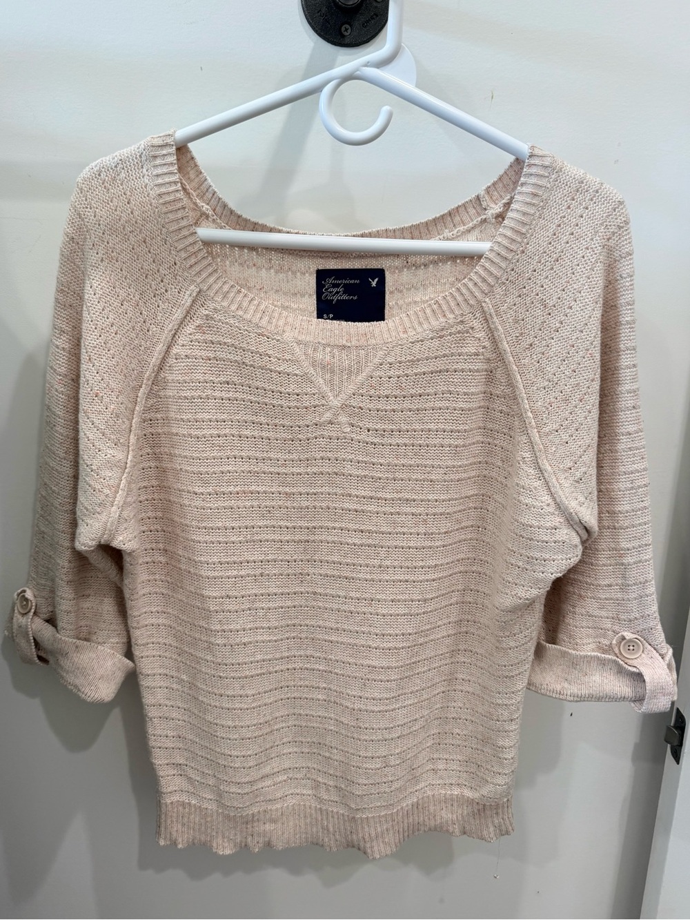 American Eagle Outfitters Cream Speckled Knit Scoop-Neck Roll-Sleeve Sweater